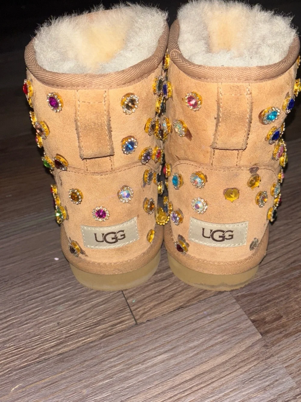 Personalized Embellished Tan Suede Uggs, Cozy Slip-On Boots with Multicolor Gems